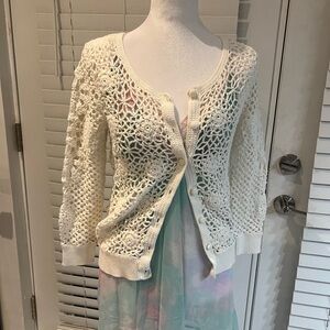 Grandma Floral Crochet Front Button Cardgian  with 3/4 Sleeves